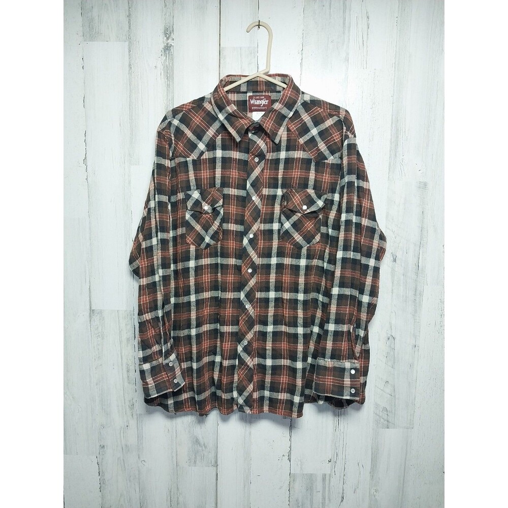 Wrangler Men's 2X Brown Plaid Flannel Pearl Snap Long Sleeve